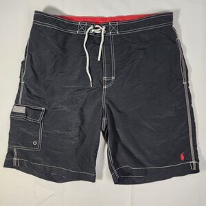Vintage Retro Polo Ralph Lauren Mens Large Black Cargo Swim Trunks Red Pony Logo